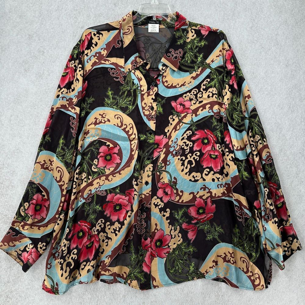 Vikki Vi Blouse Silk Velvet Burnout Blend Floral Semi Sheer Button Up Top
